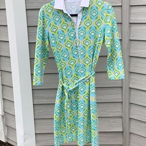 J McLaughlin Printed Shirt Dress in Aqua & Lime